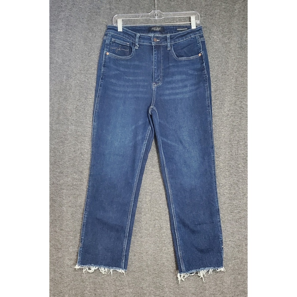 Judy Blue Jeans Womens 11/30 Blue Cropped Straight Denim Frayed Hem High Rise